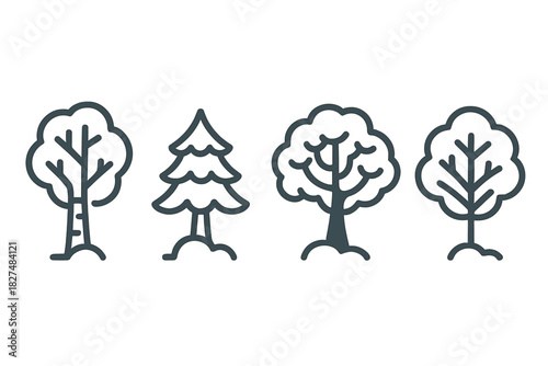 Simple outline icons of four different tree types for forest and nature symbols