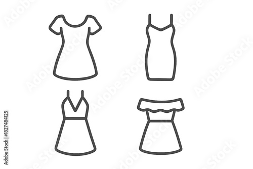 Outline icons representing various women's fashion styles including casual, cocktail, and off-shoulder dresses