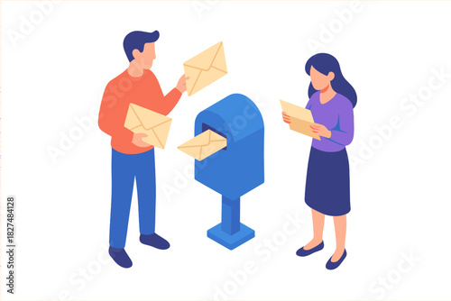 People sending and receiving correspondence through a public mailbox for postal delivery service