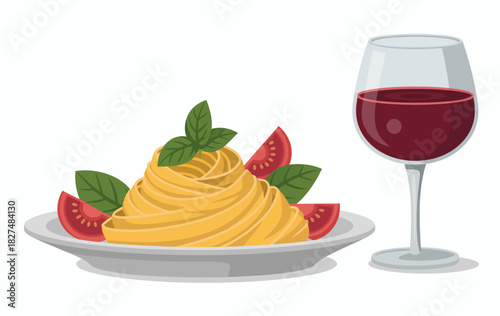 A delectable plate of pasta adorned with fresh basil leaves, alongside a glass of red wine and succulent tomato slices, capturing an exquisite dining experience.