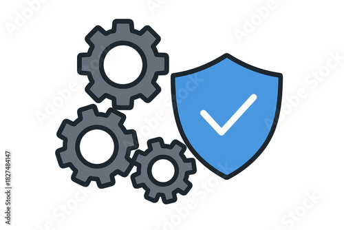 Security shield with checkmark and three rotating gear icons for system protection and configuration