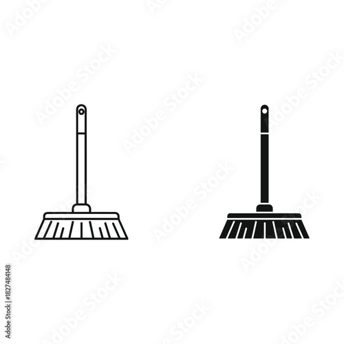 Two brooms one outline one solid black icon on white background