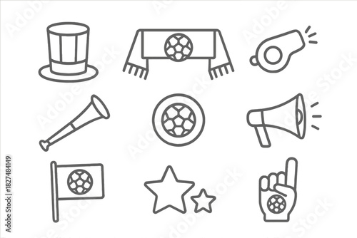 Football fan attributes line icons including scarf, whistle, megaphone, and foam finger