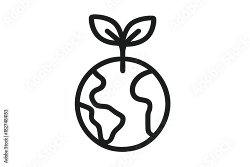 Earth globe with growing plant sprout outline icon for ecology and conservation