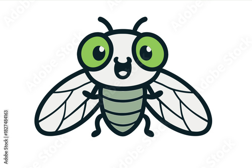Cute cartoon housefly character with big green eyes and open mouth on white background