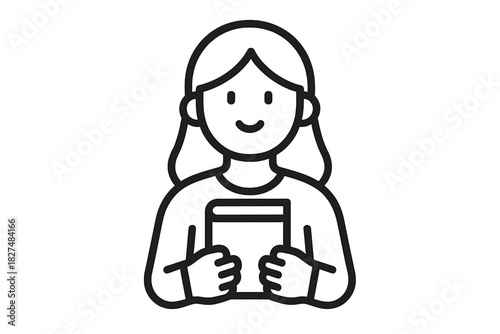 Smiling young woman holding a textbook icon symbolizing education and literacy