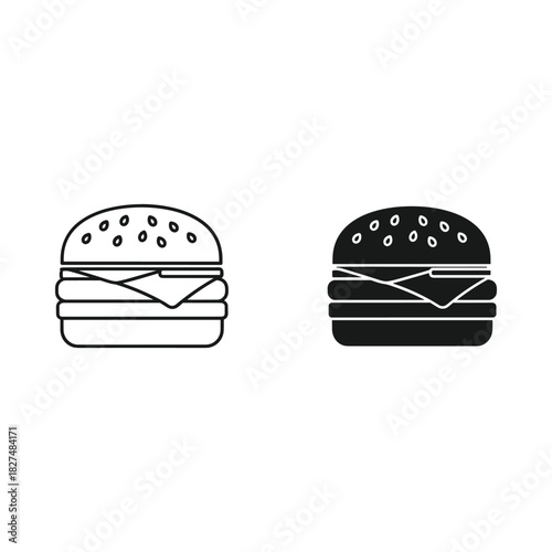 Simple line art and silhouette icons of a classic cheeseburger