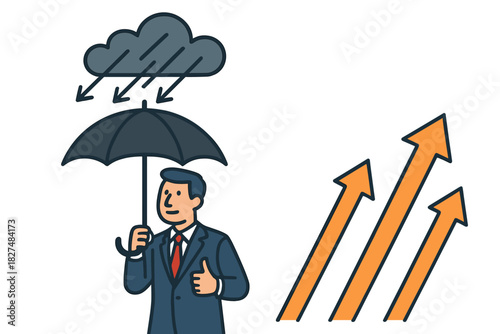 Businessman using umbrella for protection against risk while financial arrows show growth
