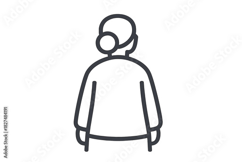 Minimalist depiction of a person wearing a communication headset viewed from the back for customer support