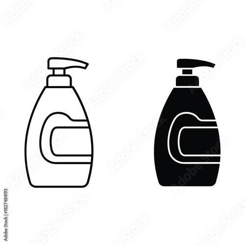 Two simple icons of a liquid soap dispenser in outline and solid black