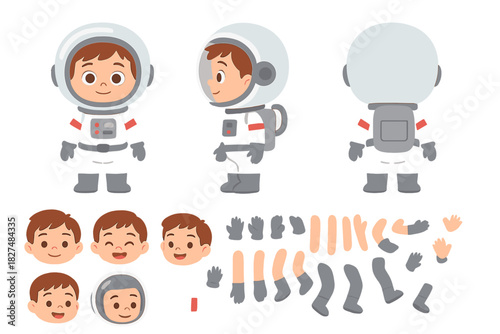Customizable cartoon astronaut character kit with multiple views and interchangeable body parts
