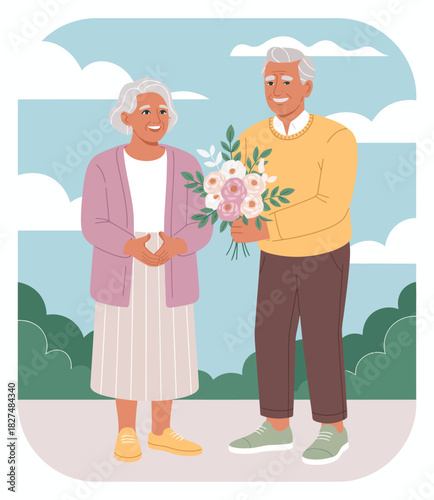 A joyful scene depicting an elderly couple happily exchanging a bouquet of flowers, exemplifying love, companionship, and the beauty of aging gracefully.