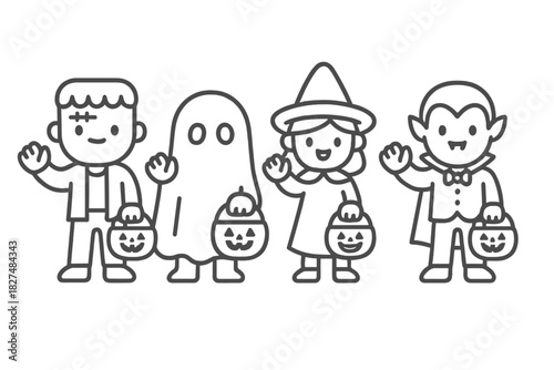 Adorable group of kids dressed as classic monsters ready for trick or treating on Halloween