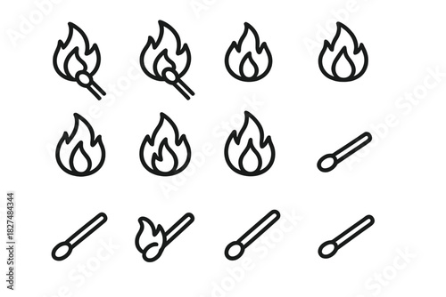 Minimalist outline icons collection depicting burning flames, fire, and wooden matches