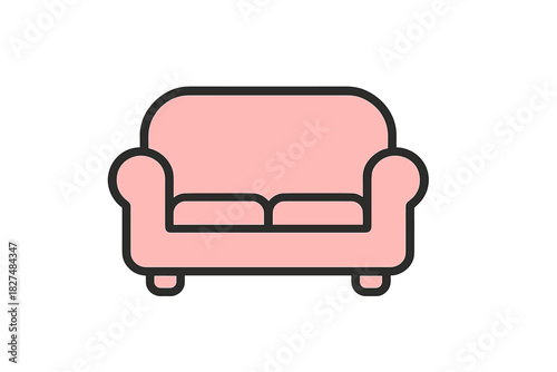 Pink two-seater sofa pictogram with bold black outline for furniture and interior design