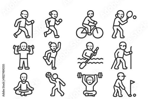 Collection of outline icons representing diverse sports, fitness, and healthy lifestyle activities