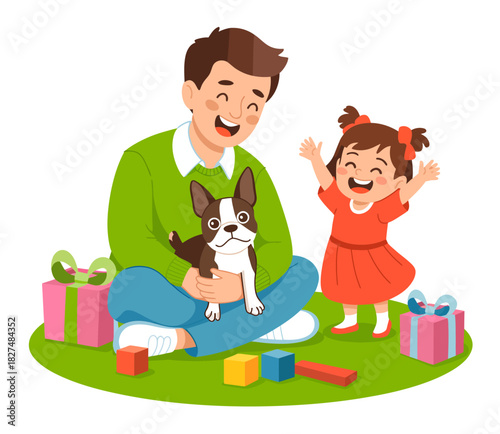 A heartwarming scene captures a father and daughter in joyful play, with a cheerful pet dog, creating a delightful atmosphere filled with love and bonding.