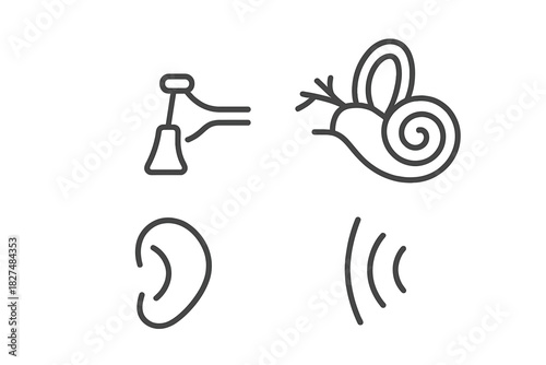 Line icons for hearing, audiology, ear anatomy, and sound perception symbols