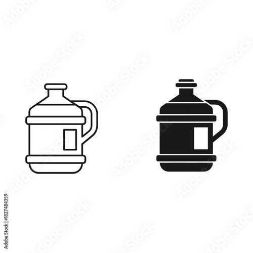 Two stylized icons of a large water cooler bottle one outlined and one solid black