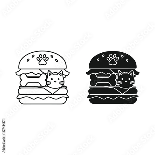 Cute cat burger icon in outline and silhouette style