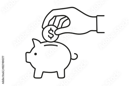 Hand putting dollar coin into a classic piggy bank symbolizing savings and investment