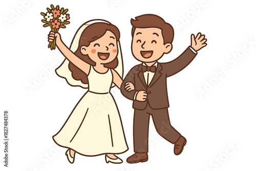 Happy newlywed couple walking arm in arm celebrating marriage with bride holding flower bouquet