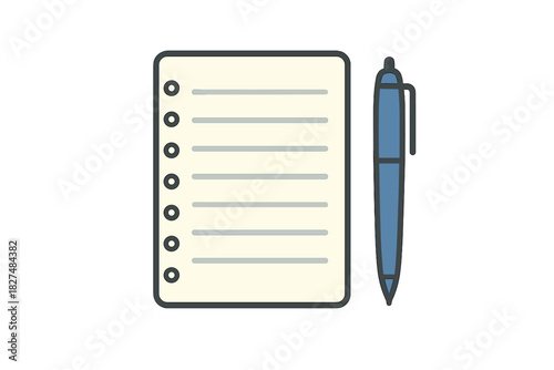 Simple icon of a lined spiral notebook page and a blue writing pen for reminders
