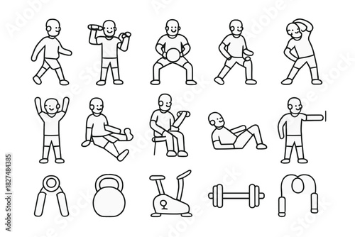 Simple line art icons of people performing various exercises and essential gym equipment
