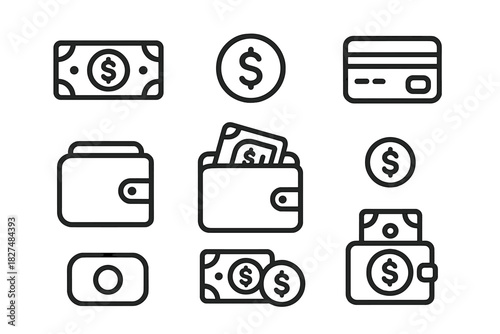 Outline icons set for financial transactions, payment methods, wallet, credit card, banknote, and coin