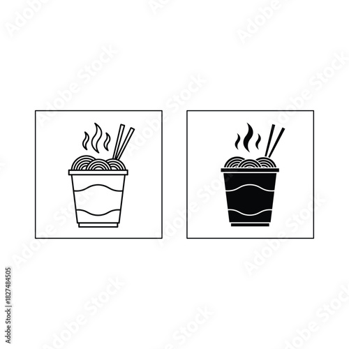 Two stylized illustrations of a cup of noodles with chopsticks and steam