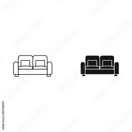 Two styles of sofa icons outline and filled silhouette