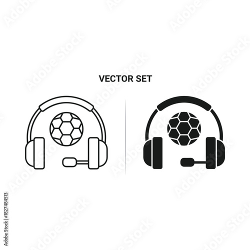Set of two football soccer ball headphones with microphone icons outline and filled