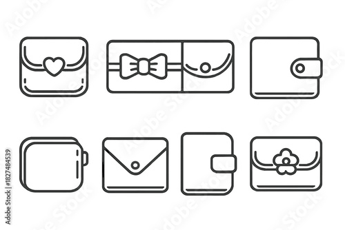 Linear icons set of small wallets, clutches, and coin purses with decorative elements
