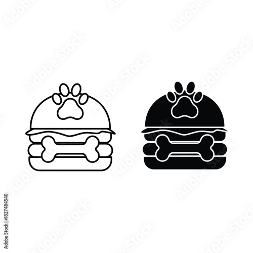 Dog food burger icon set with paw print and bone