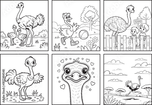 Cute ostrich in desert natural scene coloring page bundle for kids, black line art vector illustration doodle set