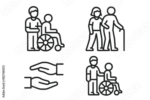 Outline symbols for disability support, elderly assistance, and social caregiving