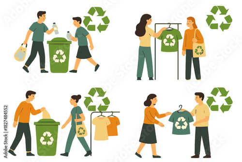 People sorting waste and buying recycled clothing for sustainable living