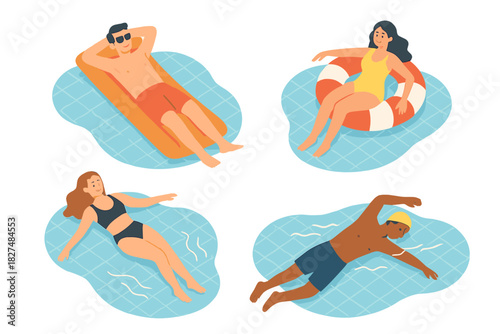Diverse group of people enjoying summer vacation in swimming pool, relaxing on floats