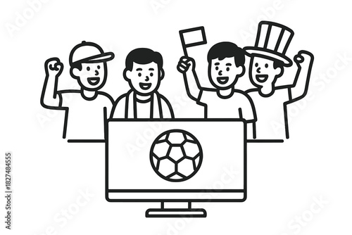 Cheering football supporters watching a soccer game broadcast on a desktop monitor