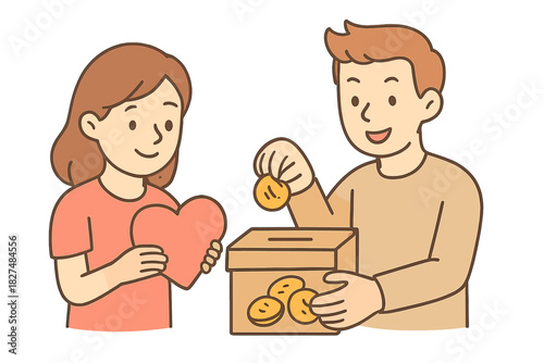 Couple donating money and love into a charity box for humanitarian aid