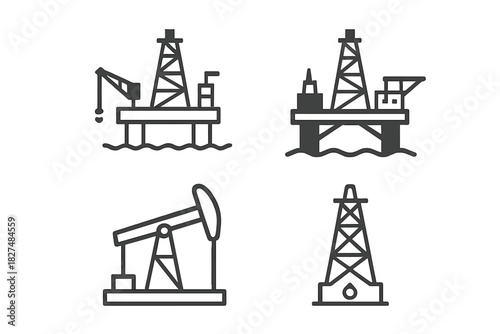 Outline symbols representing oil drilling platforms, offshore rigs, and pumpjack machinery