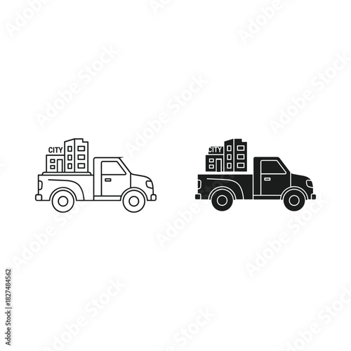 Two cartoon pickup trucks loaded with boxes in outline and solid black styles