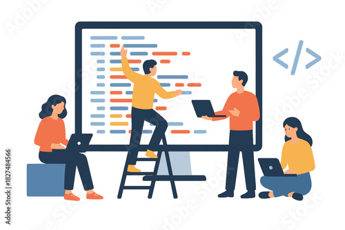 Team of developers working together on a large screen displaying code lines