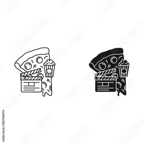 Pizza popcorn and clapperboard icons for movie night entertainment