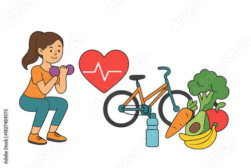 Woman exercising with dumbbells, surrounded by symbols of healthy diet, cycling, and heart health