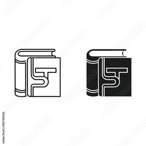 Two stylized book icons one outlined and one filled in black
