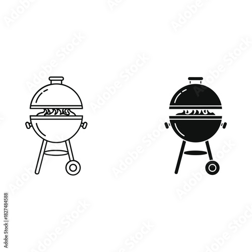 Two barbecue grills one outline one solid black illustration on white background