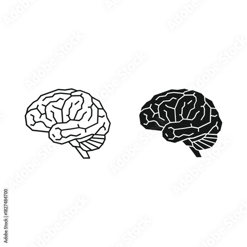 Two stylized brain illustrations one outline one solid black
