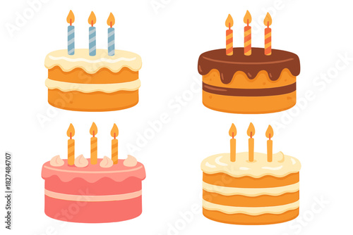 Colorful birthday cakes with lit candles and various frosting for celebration