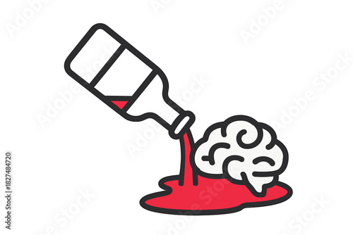 Red liquid pouring from a bottle onto a brain symbolizing substance abuse and addiction